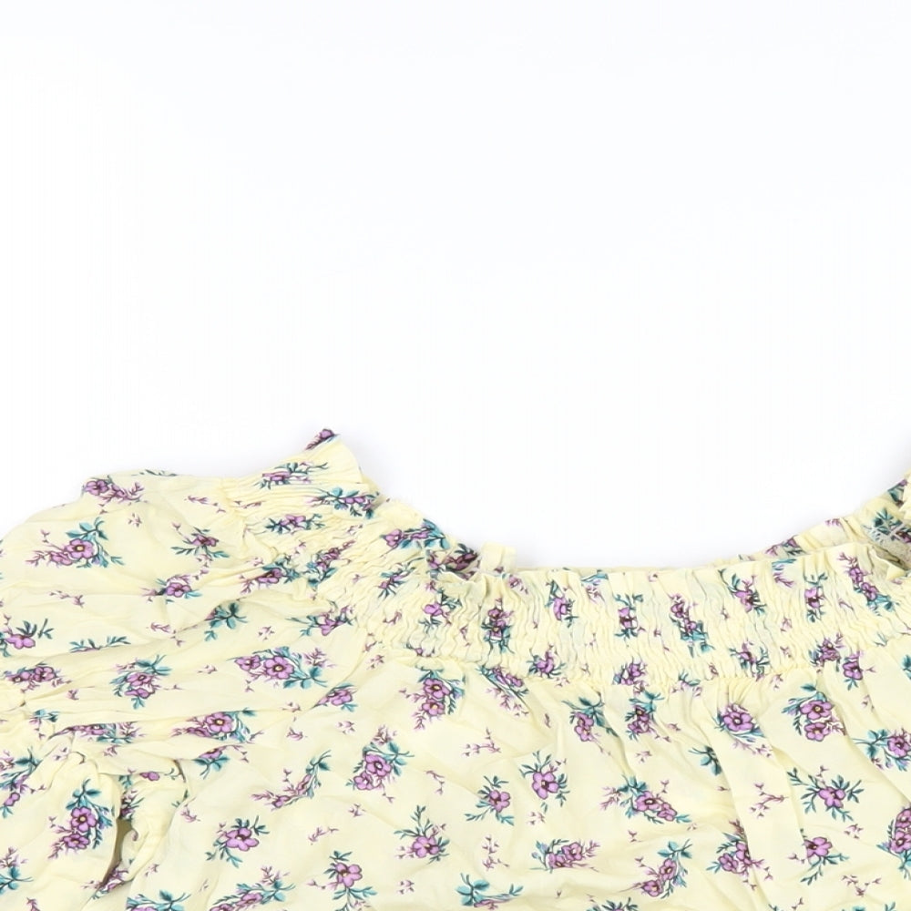 New Look Womens Yellow Floral Viscose Basic T-Shirt Size 8 Off the Shoulder