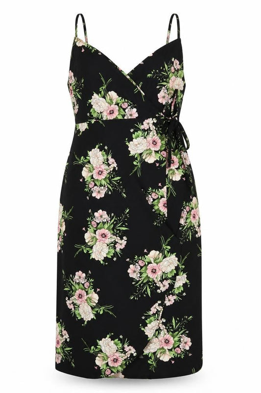 Topshop Womens Black Floral Polyester Wrap Dress Size 14 V-Neck Tie