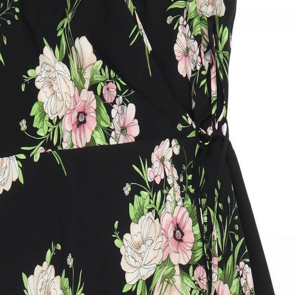 Topshop Womens Black Floral Polyester Wrap Dress Size 14 V-Neck Tie