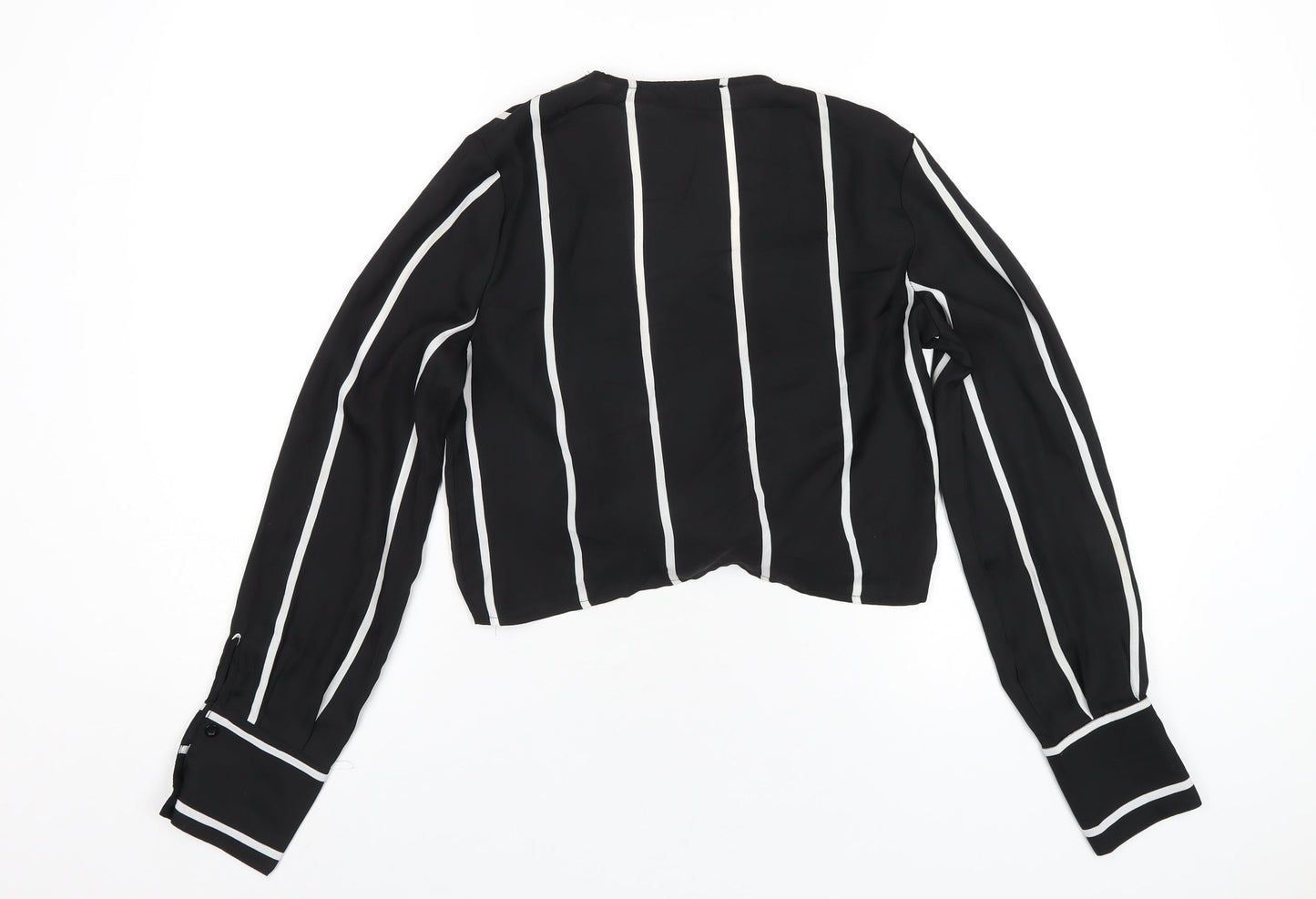 PRETTYLITTLETHING Womens Black Striped Polyester Basic T-Shirt Size 8 V-Neck