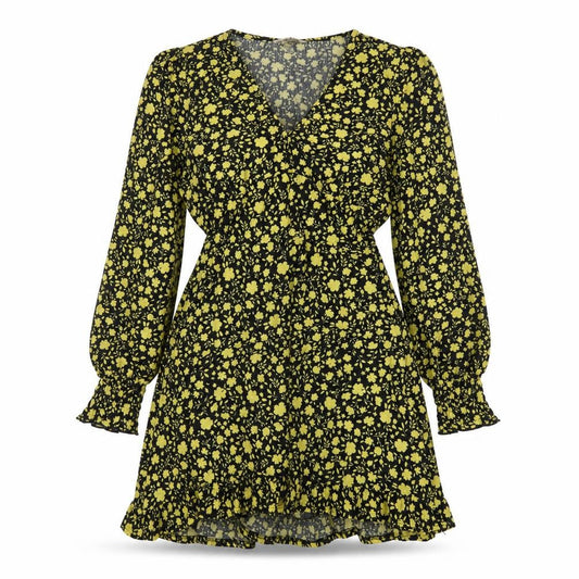Front view of Miss Selfridge women’s black floral polyester a-line, size UK 10, v-neck pullover