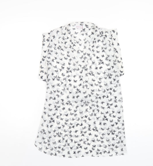 Red Herring Womens White Geometric Polyester Basic T-Shirt Size 12 V-Neck