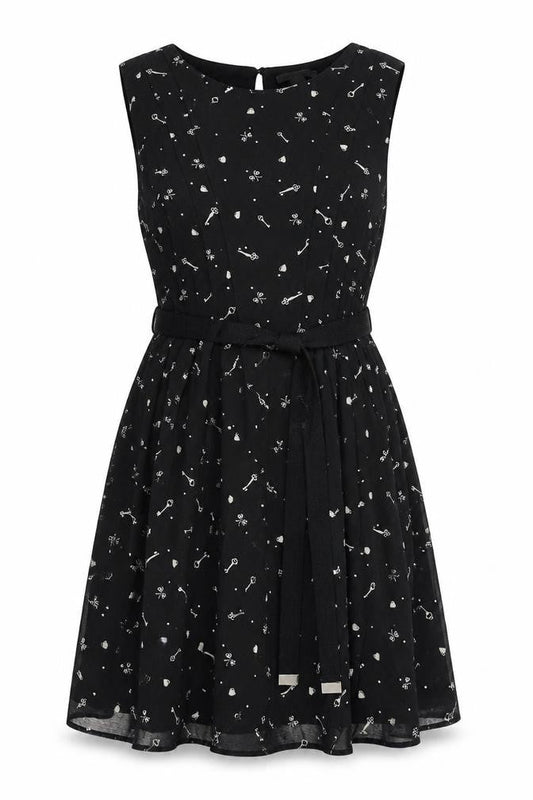 Mango Womens Black Geometric Polyester A-Line Size M Round Neck Button