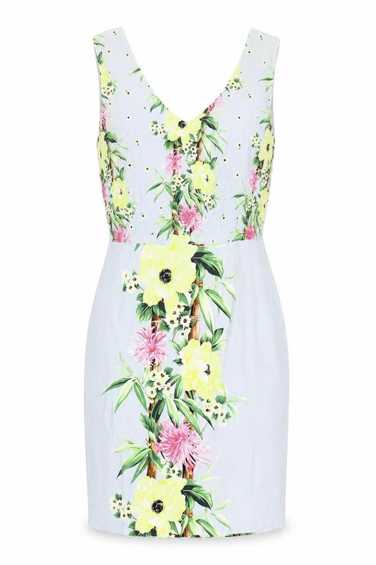 French Connection Womens Blue Floral Viscose Bodycon Size 12 V-Neck Zip