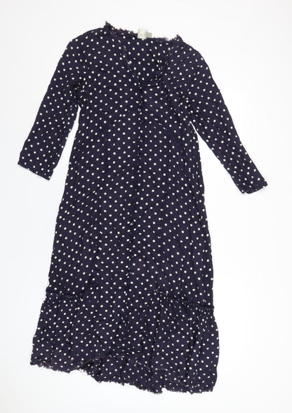 Additional front view of ASOS women’s blue polka dot viscose a-line, size UK 8, v-neck button