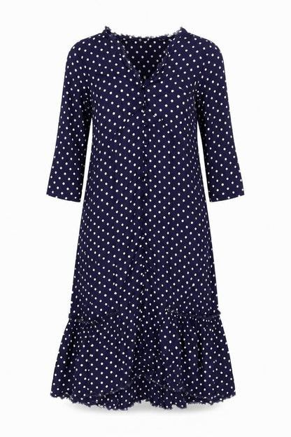 Front view of ASOS women’s blue polka dot viscose a-line, size UK 8, v-neck button