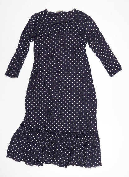 Back view of ASOS women’s blue polka dot viscose a-line, size UK 8, v-neck button