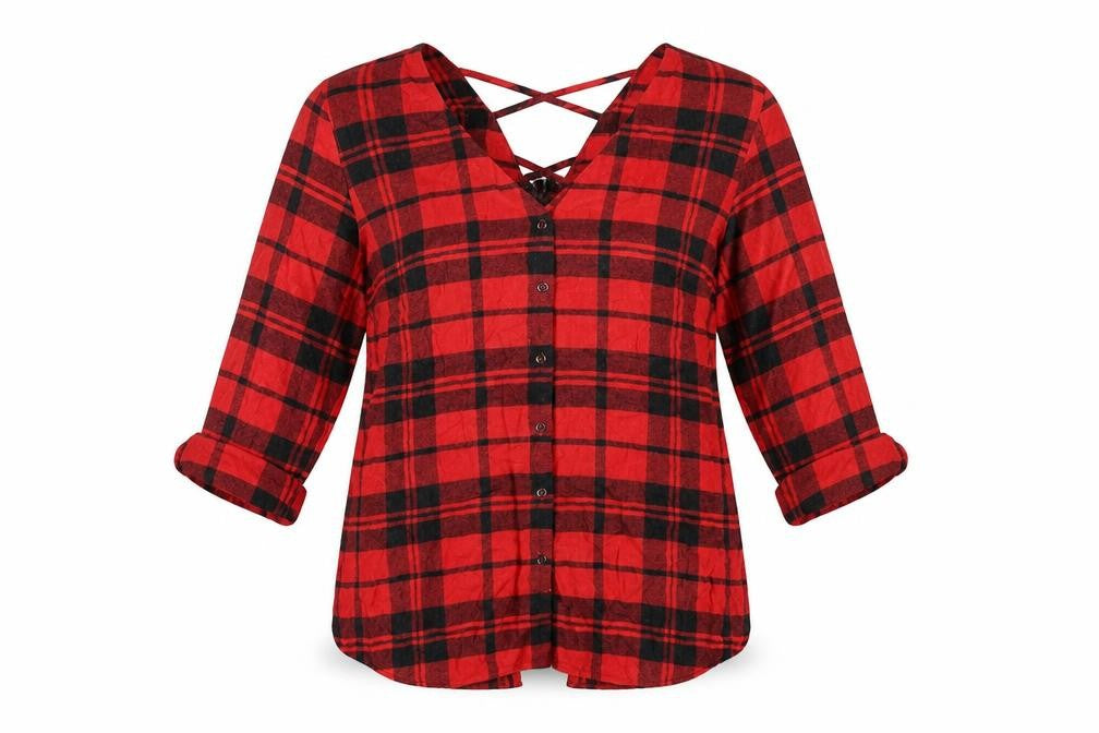 River Island Womens Red Plaid Viscose Basic Button-Up Size 10 V-Neck