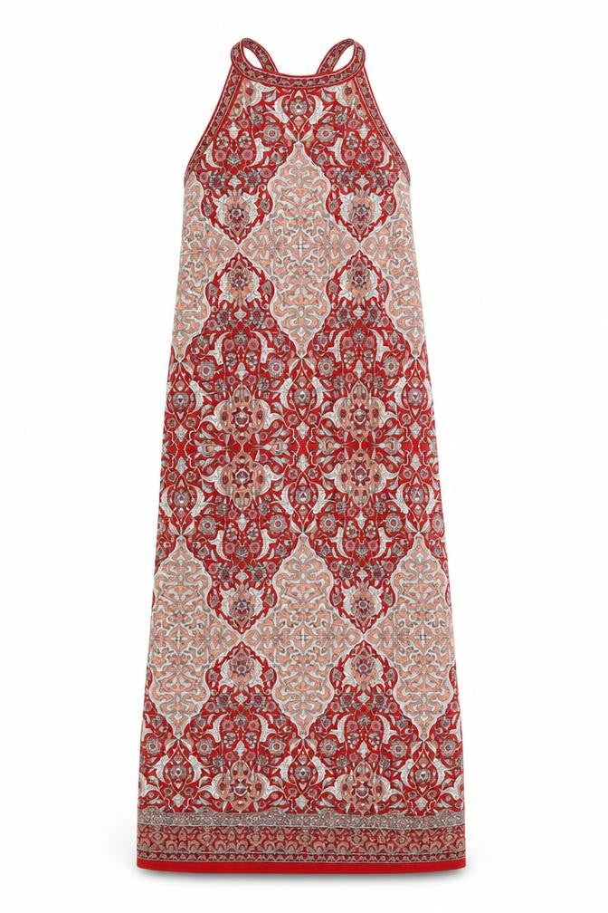 Max Studio Womens Red Geometric Polyester Maxi Size L Round Neck Pullover