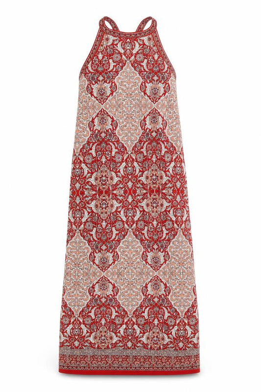 Max Studio Womens Red Geometric Polyester Maxi Size L Round Neck Pullover
