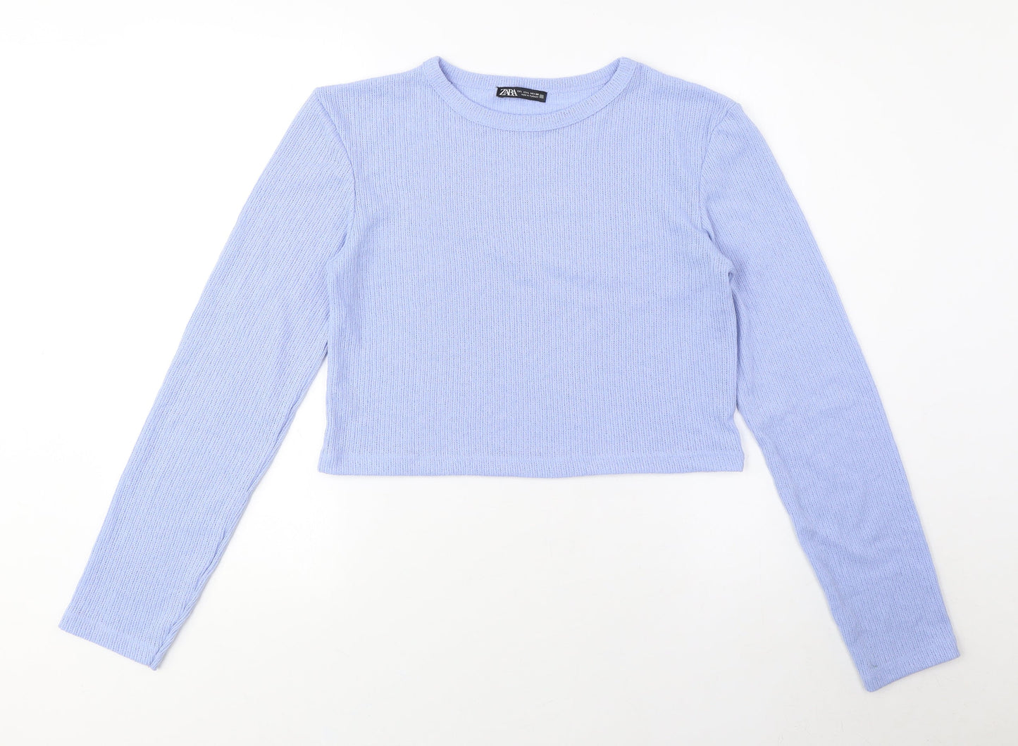 Zara Women's Blue Cropped T-Shirt, Size M, Long Sleeve