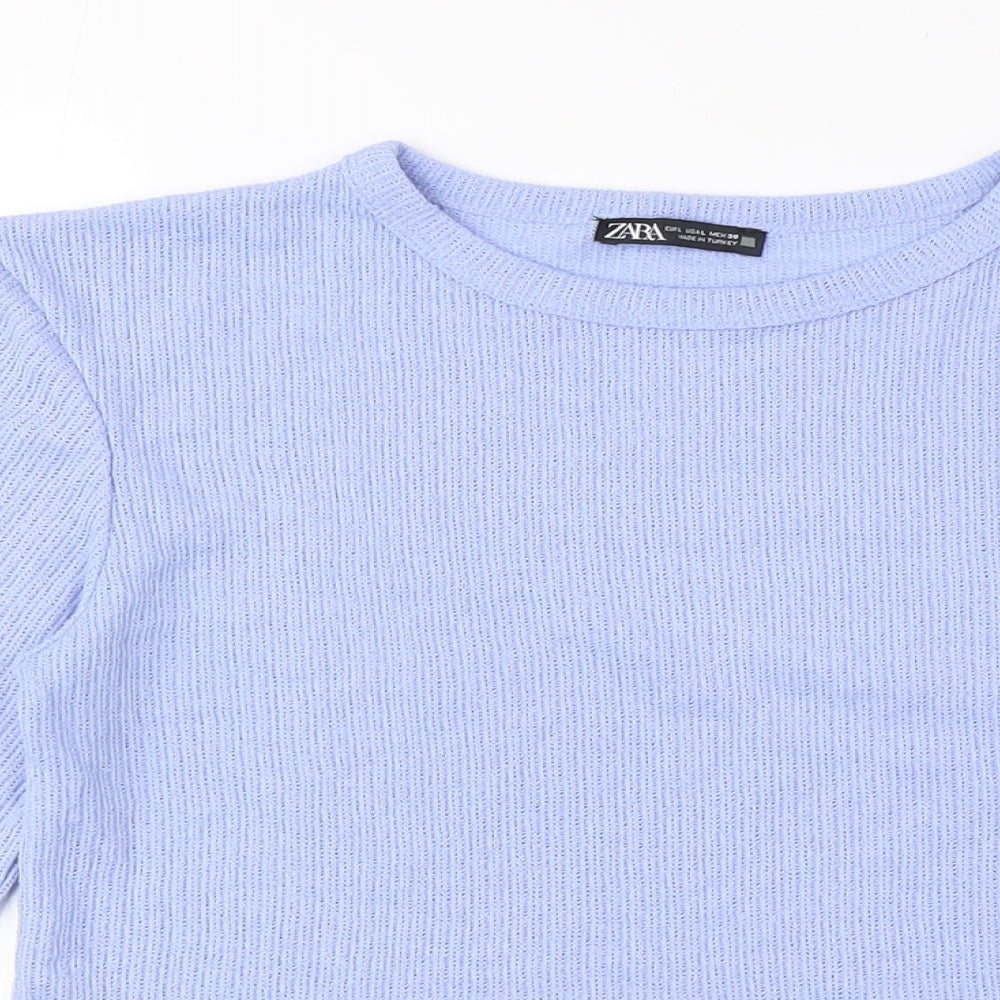 Zara Women's Blue Cropped T-Shirt, Size M, Long Sleeve