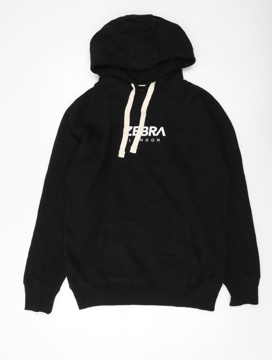Zebra Mens Black Cotton Pullover Hoodie Size M
