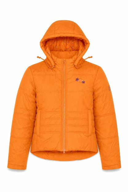 Front view of Sfera women’s orange puffer jacket jacket, size L, zip