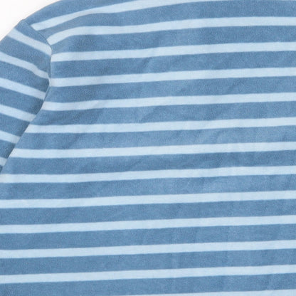 Brand and care label for Landsend women’s blue striped polyester pullover sweatshirt, size XS, button