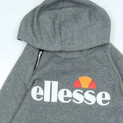 Close-up detail of Ellesse women’s grey polyester pullover hoodie, size 2XL, - logo