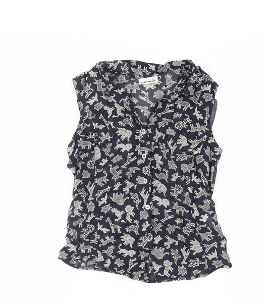 Gerry Weber Womens Blue Geometric Viscose Basic Button-Up Size 6 Collared - Sheer