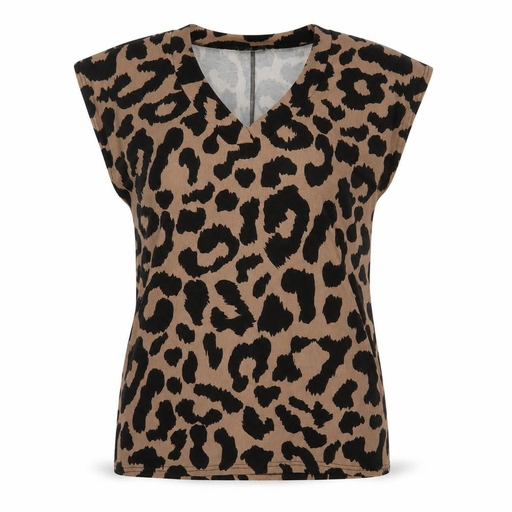 Beloved Womens Brown Animal Print Polyester Basic T-Shirt Size L V-Neck