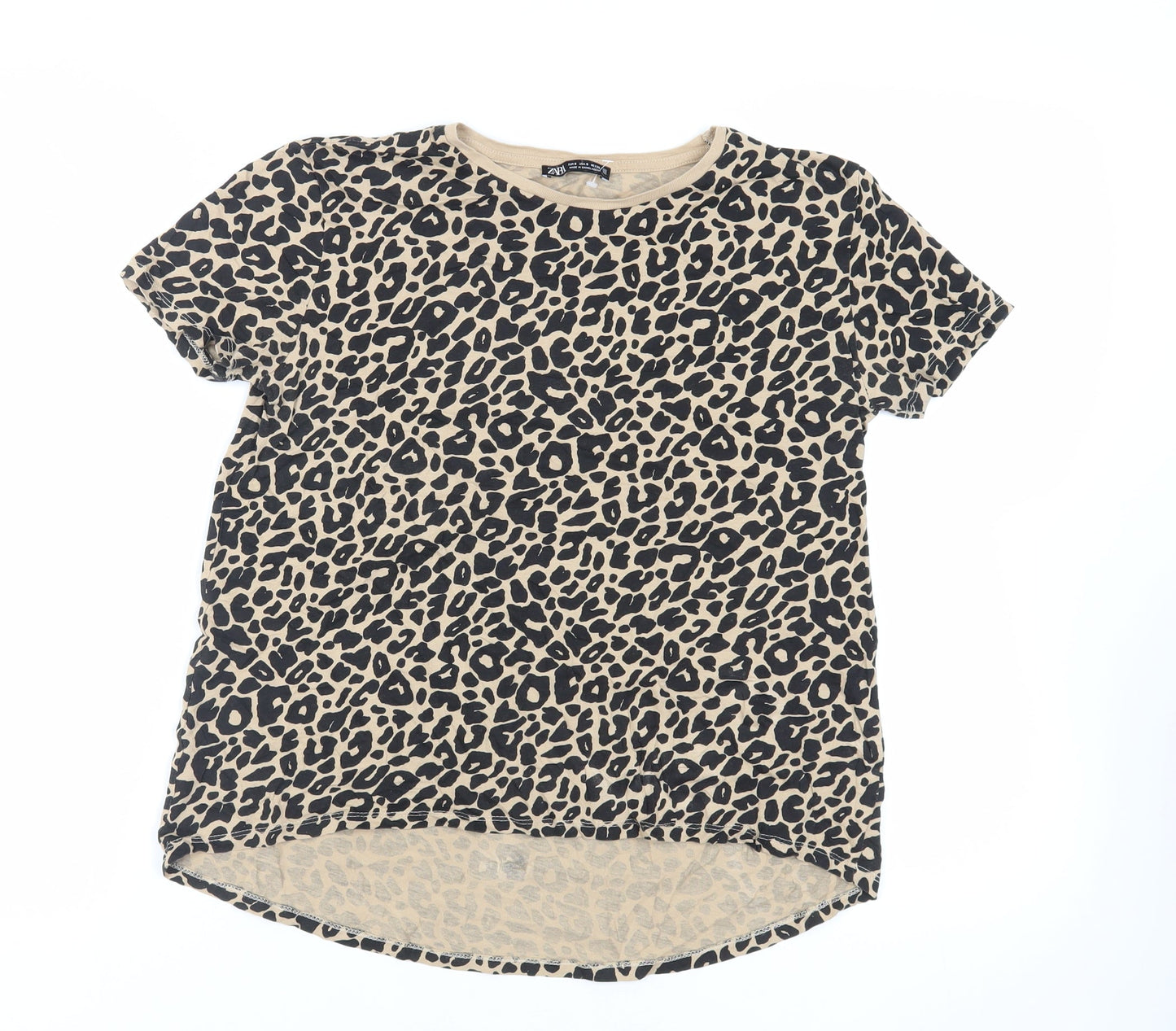 Zara Womens Beige Animal Print Cotton Basic T-Shirt Size S Crew Neck - Leopard Print