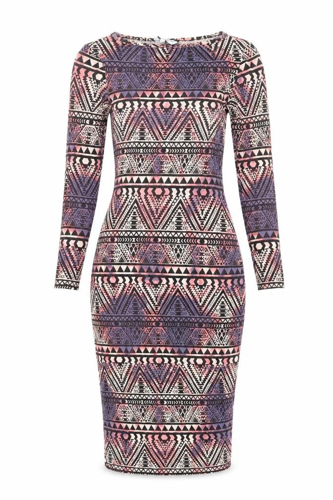 New Look Womens Multicoloured Geometric Viscose Bodycon Size 10 Boat Neck Pullover