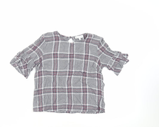 Warehouse Womens Blue Plaid Viscose Basic Blouse Size 6 Round Neck