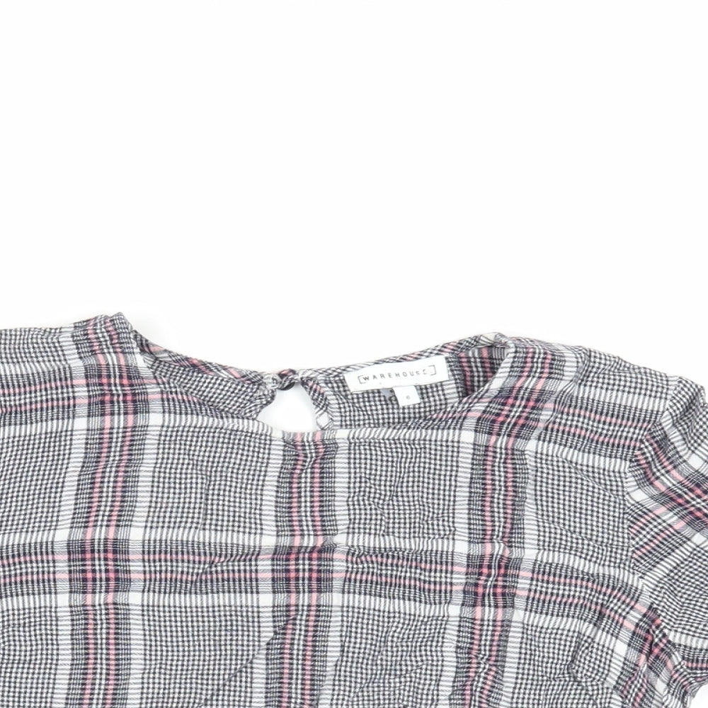 Warehouse Womens Blue Plaid Viscose Basic Blouse Size 6 Round Neck