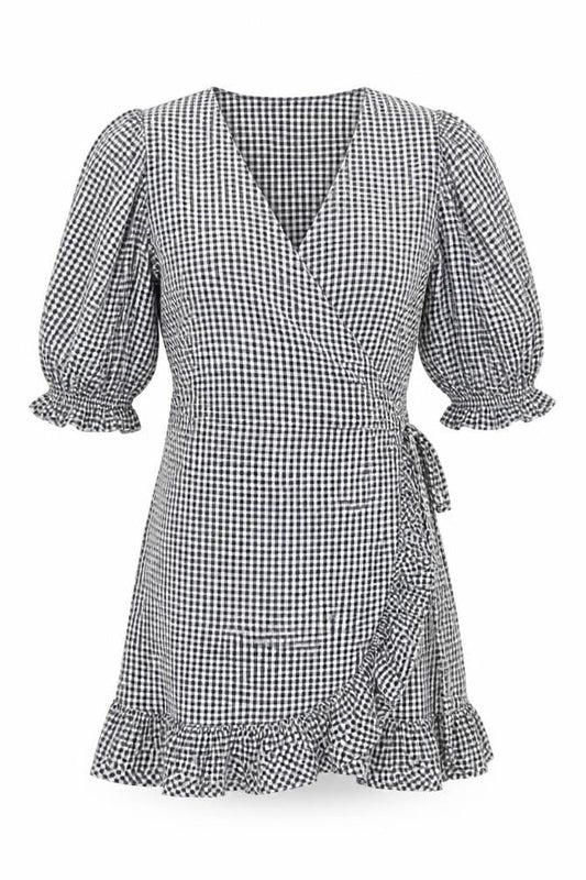 Next Womens Black Gingham Viscose Wrap Dress Size 8 V-Neck Tie - Ruffle