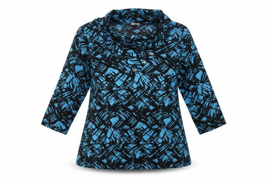 Klass Collection Womens Blue Geometric Polyester Basic Blouse Size XL Cowl Neck