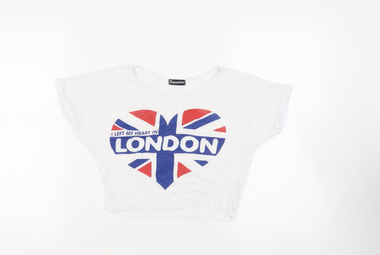 Signature Womens White Viscose Cropped T-Shirt Size M Round Neck - London Heart