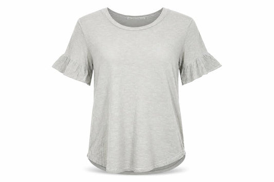 Madeline & Monroe Womens Green Viscose Basic T-Shirt Size M Round Neck - Ruffle Sleeves