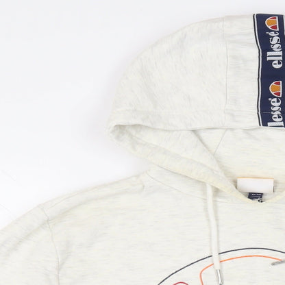 Close-up detail of Ellesse women’s grey cotton pullover hoodie, size UK 10, pullover - logo
