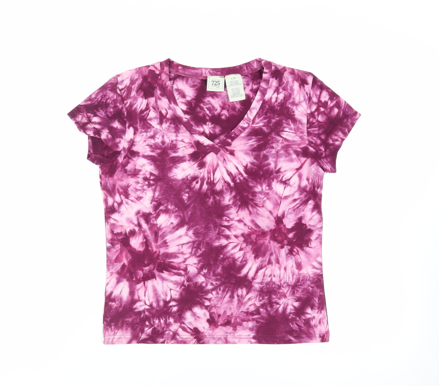 725 Originals Womens Purple Cotton Basic T-Shirt Size L V-Neck - Tie Dye