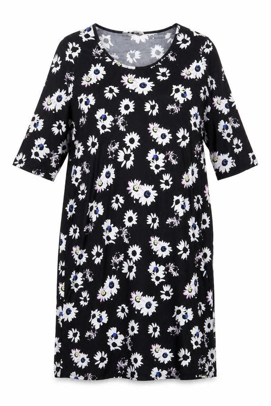 Anthology Womens Black Floral Polyester T-Shirt Dress Size 20 Round Neck Pullover