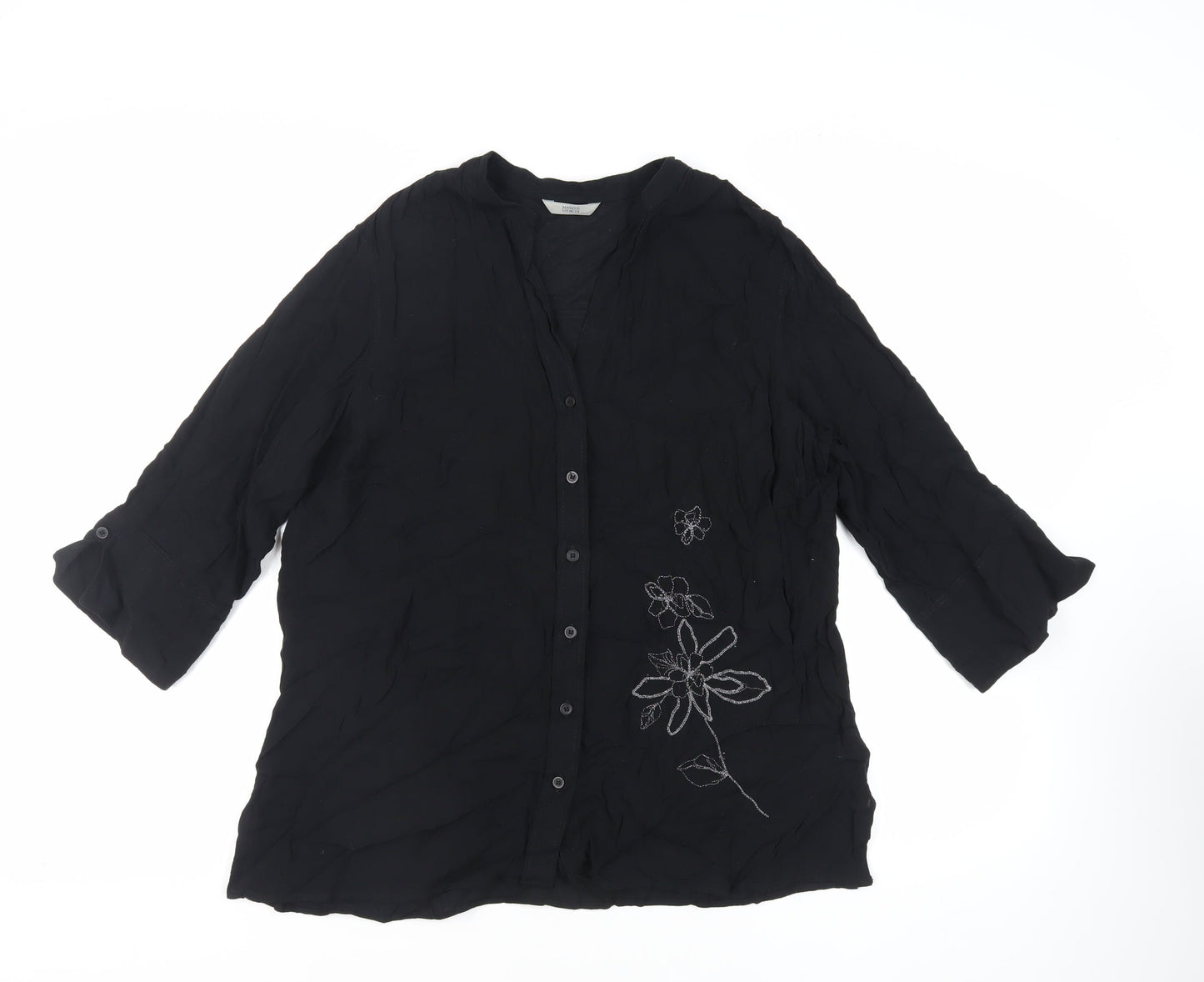 Marks and Spencer Womens Black Viscose Basic Button-Up Size XL V-Neck - Embroidered Detail