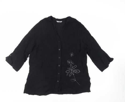 Marks and Spencer Womens Black Viscose Basic Button-Up Size XL V-Neck - Embroidered Detail