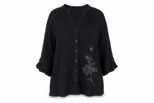 Marks and Spencer Womens Black Viscose Basic Button-Up Size XL V-Neck - Embroidered Detail
