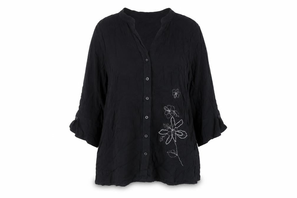Marks & Spencer Womens Black Viscose Basic Button-Up Size XL V-Neck - Embroidered Detail