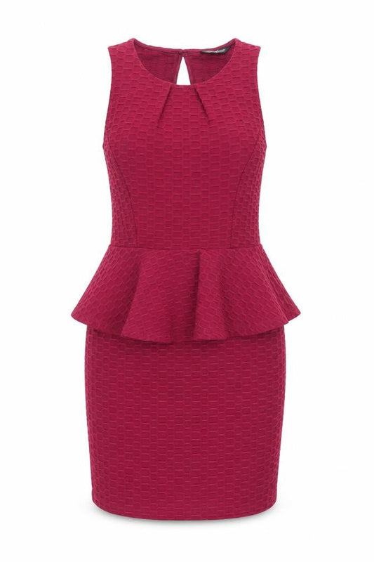 Front view of Miss Selfridge women’s purple polyester pencil dress, size UK 10, round neck button - peplum