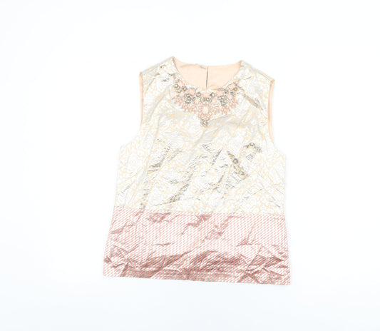 Stefanel Womens Beige Geometric Polyester Basic T-Shirt Size XS Round Neck - Jewel Detail on Neckline