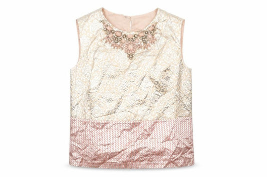 Stefanel Womens Beige Geometric Polyester Basic T-Shirt Size XS Round Neck - Jewel Detail on Neckline