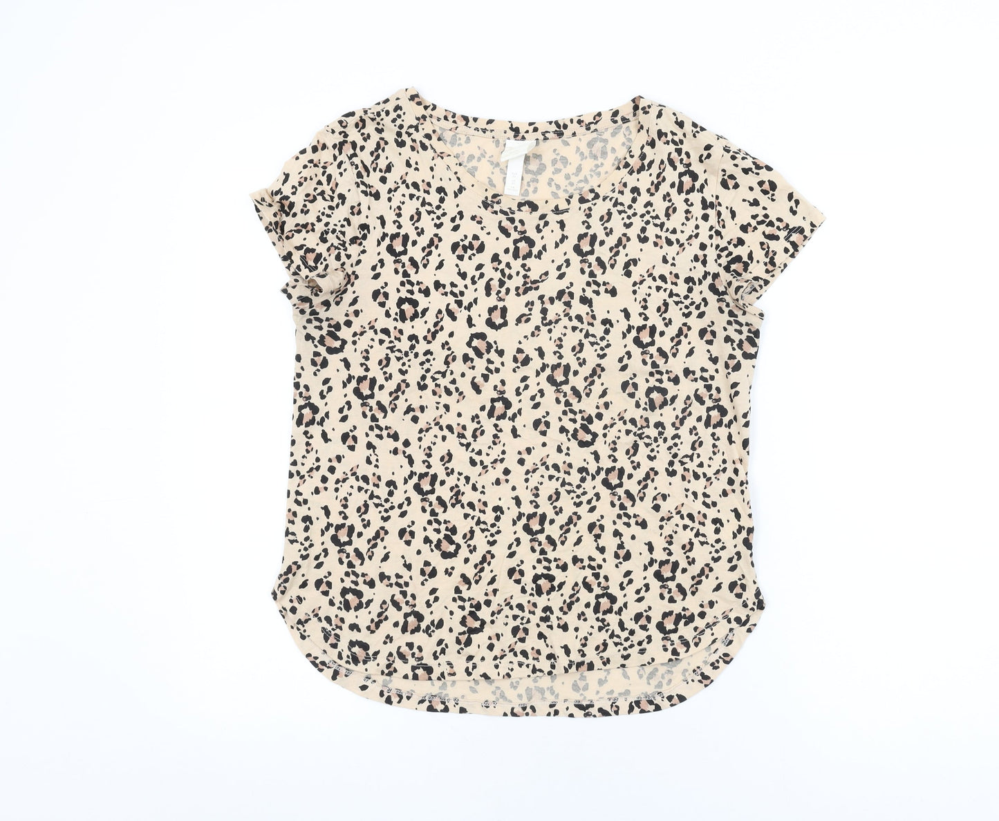 H&M Womens Beige Animal Print Cotton Basic T-Shirt Size XS Round Neck - Leopard Print