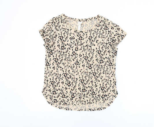 H&M Womens Beige Animal Print Cotton Basic T-Shirt Size XS Round Neck - Leopard Print