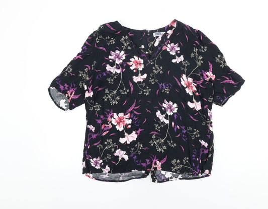 Per Una Womens Black Floral Viscose Basic T-Shirt Size 14 V-Neck