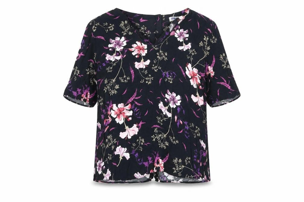 Per Una Womens Black Floral Viscose Basic T-Shirt Size 14 V-Neck