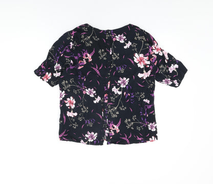 Per Una Womens Black Floral Viscose Basic T-Shirt Size 14 V-Neck