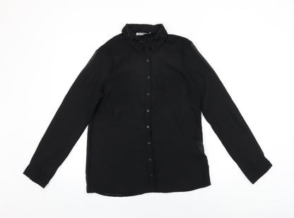 Stradivarius Womens Black Polyester Basic Button-Up Size M Collared - Beaded Collar