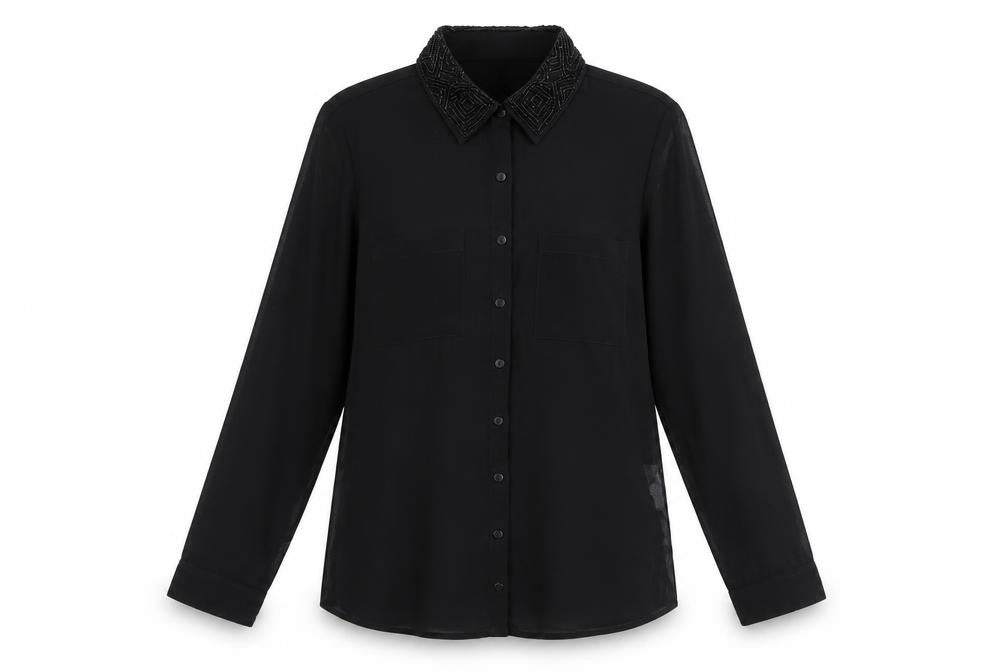 Stradivarius Womens Black Polyester Basic Button-Up Size M Collared - Beaded Collar