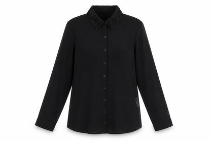 Stradivarius Womens Black Polyester Basic Button-Up Size M Collared - Beaded Collar