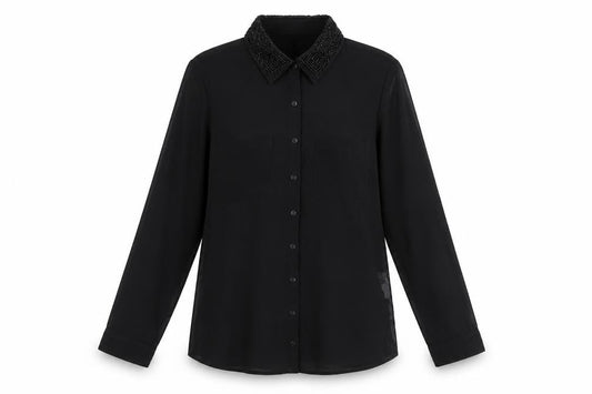 Stradivarius Womens Black Polyester Basic Button-Up Size M Collared - Beaded Collar
