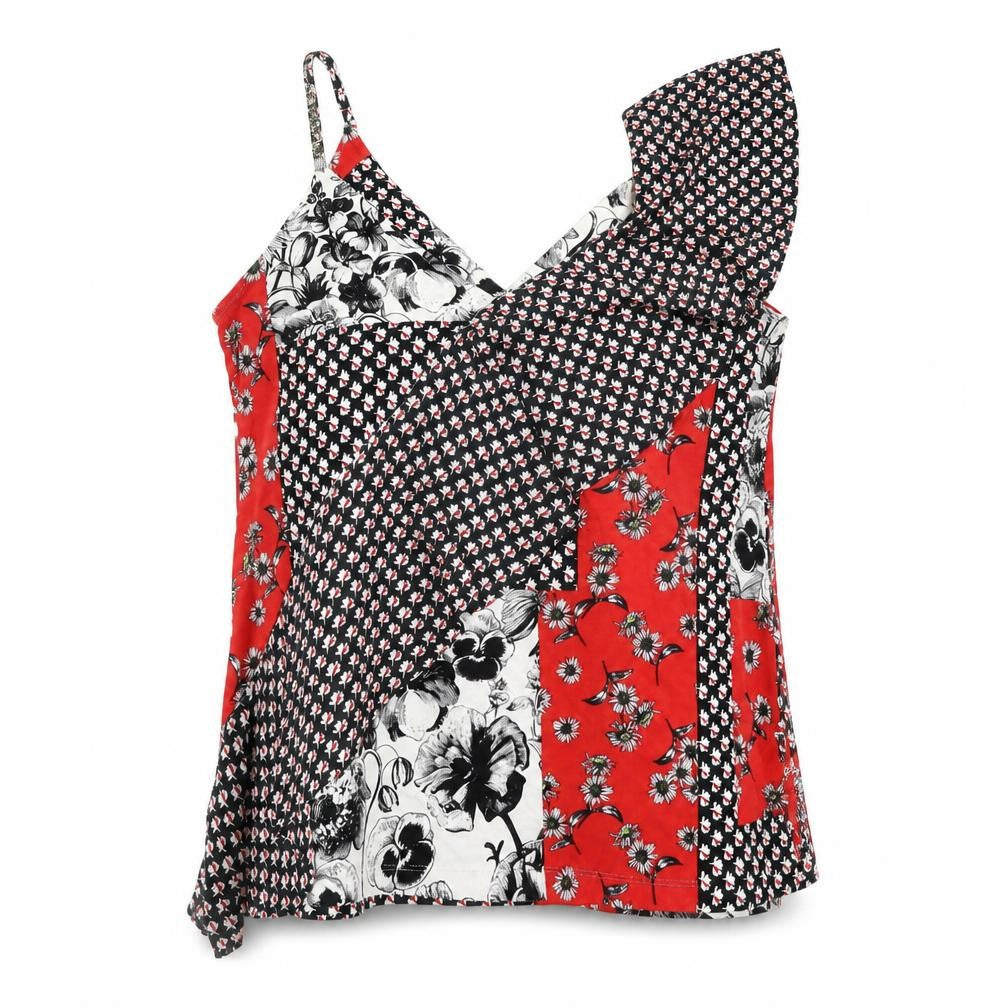 NEXT Womens Red Floral Viscose Basic T-Shirt Size 14 V-Neck